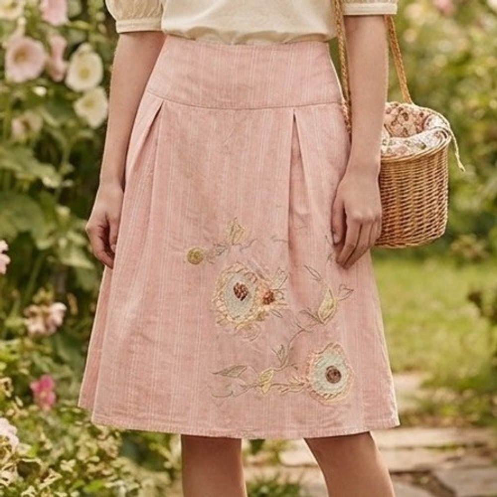 vtg cottagecore Skirt Pink Pinstripe Floral Embroidered Cotton A Line 8 coquette